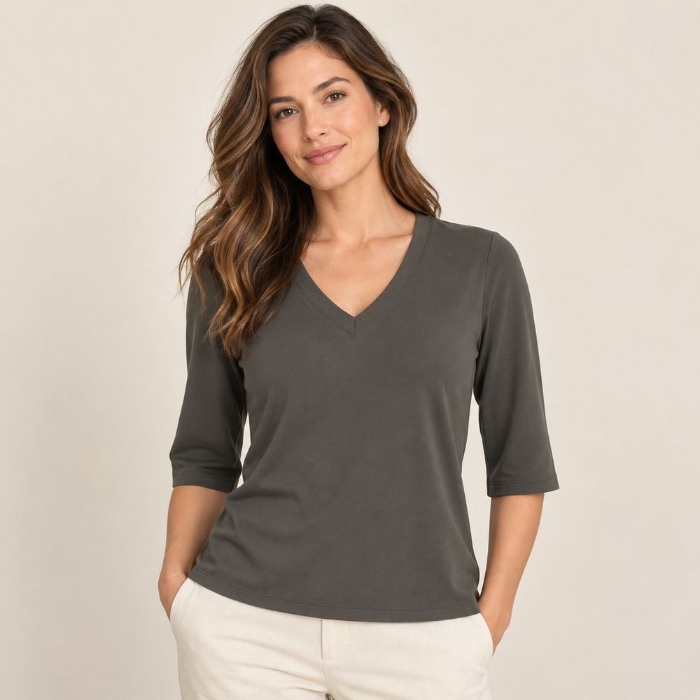 Ann Taylor LOFT Top Women S Petite Olive V-Neck 3/4 Sleeve Rayon Blend Tunic